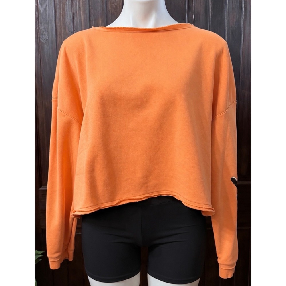 Nike Dri-FIT Women XL Orange Cropped Sweatshirt Script Logo Raw Hem Pullover